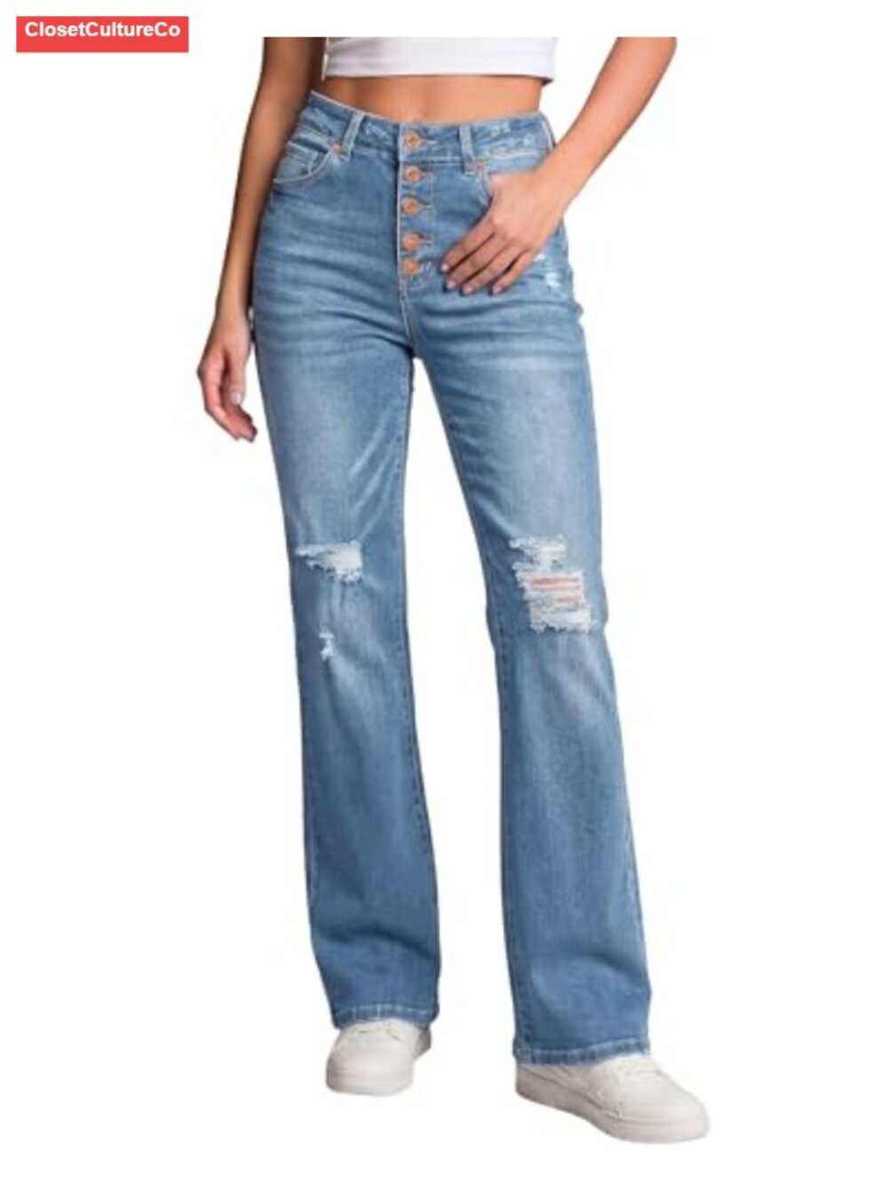 High Waisted Bell Bottom Jeans Ripped Flare Stretch Denim Pants